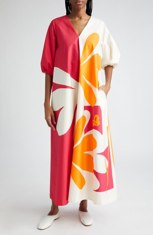 Karkelo Kolmikko Floral Colorblock Stretch Cotton Shift Dress in Fuchsia/Orange/Off White