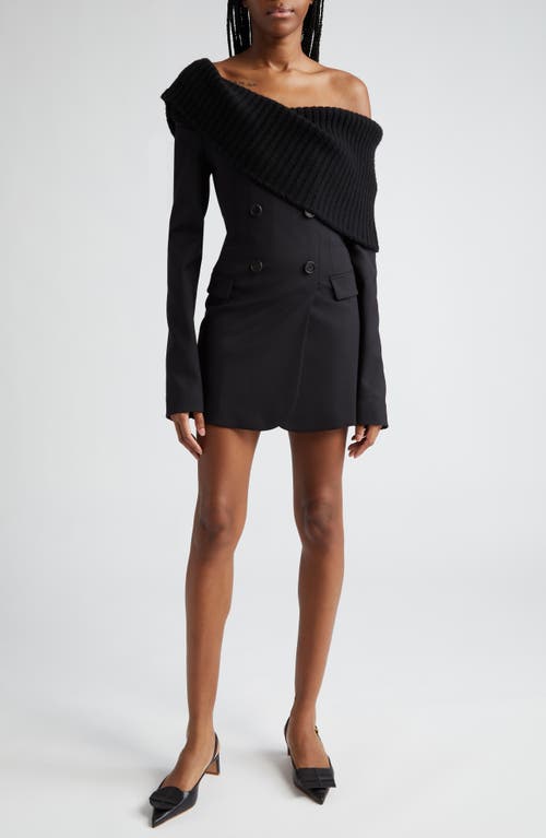 Mixed Media Long Sleeve Stretch Wool Blazer Dress in Black