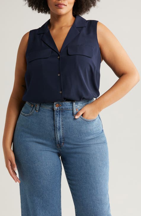 Collared Button Front Sleeveless Shirt (Plus)