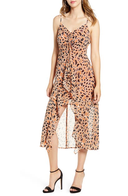 J.o.a. Animal Print Ruched Front Dress In Pumpkin Multi | ModeSens