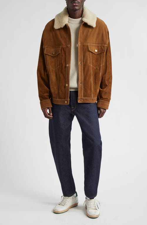 Shop Golden Goose Journey Suede Trucker Jacket With Removable Faux Shearling Collar In Tobacco Brown