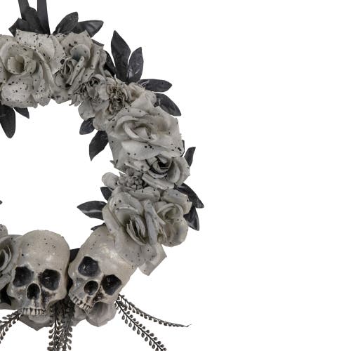 Northlight Double Skull And Gray Roses Halloween Wreath, 16-inch, Unlit In Gray
