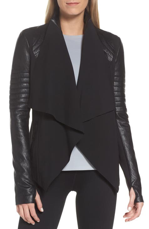 Strip Leather Drape Front Jacket | Black