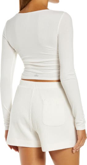 Alo Yoga White Cropped Long Sleeves Top, Small