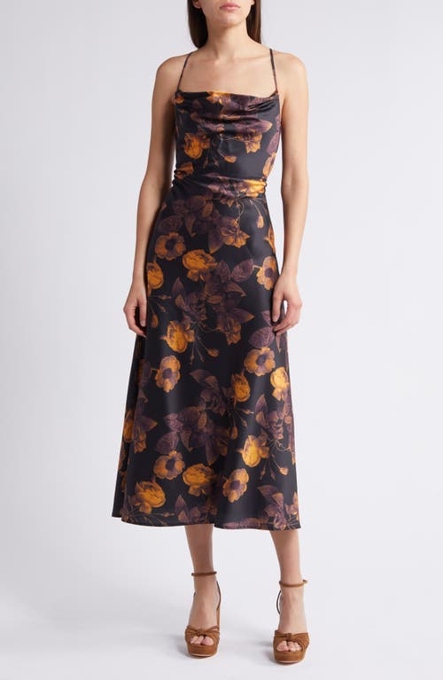 Lost + Wander Amberlust Floral Square Neck Satin Midi Dress in Black Multi Floral 