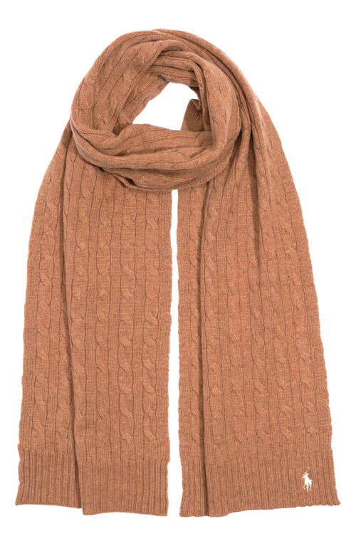 Logo Embroidered Wool & Cashmere Cable Stitch Scarf in Camel