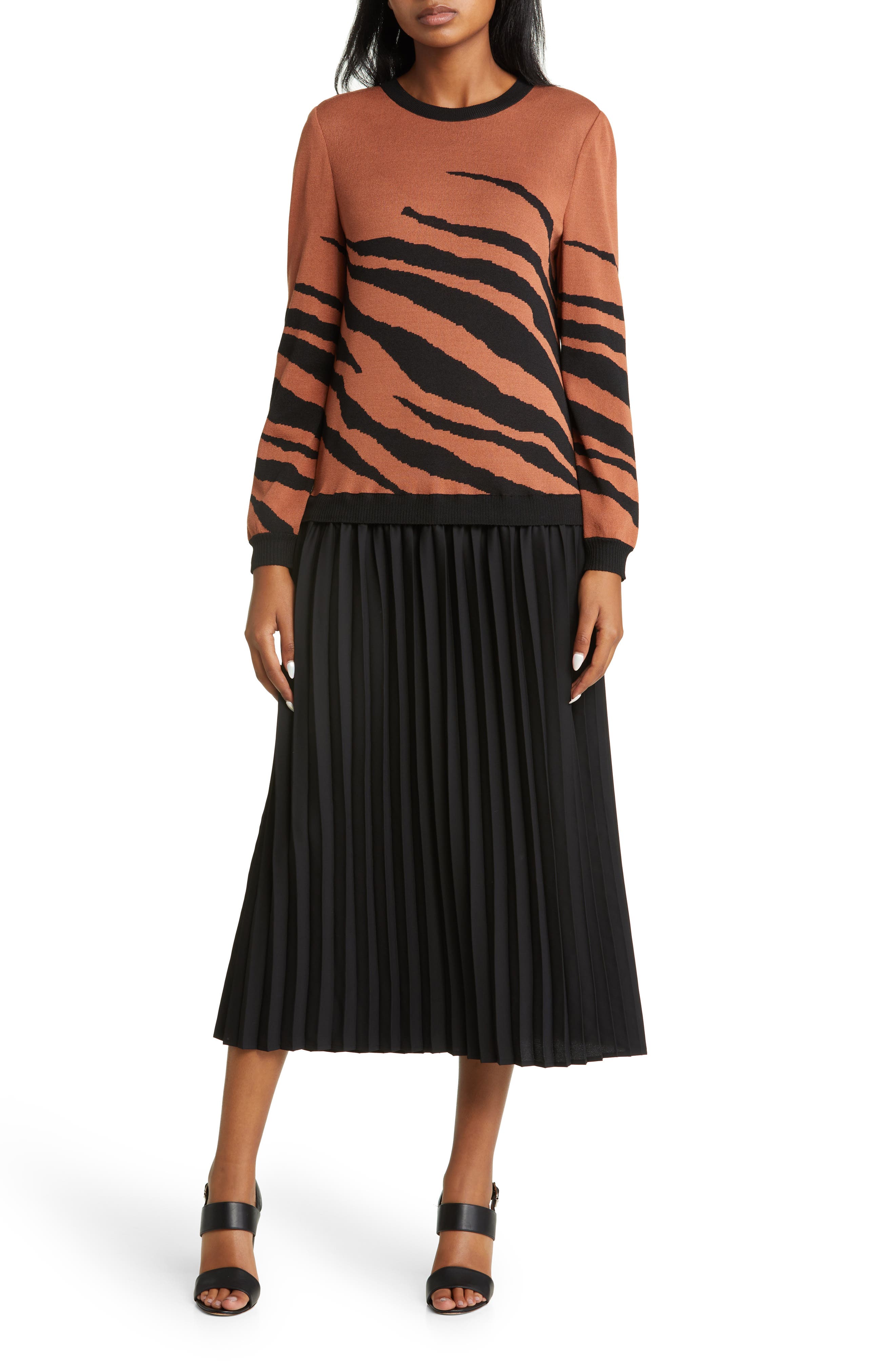 Ming Wang Animal Print Pleated Long 