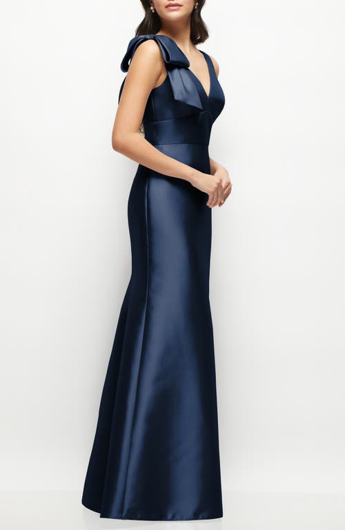 Alfred Sung Deep V-back Satin Trumpet Dress With Cascading Bow At One Shoulder In Midnight