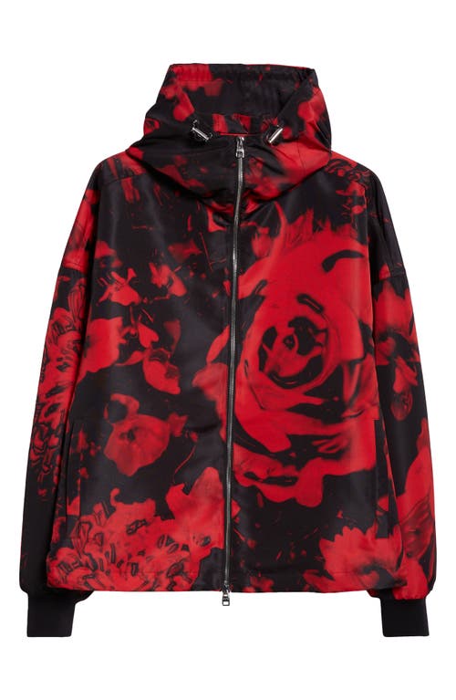 Alexander McQueen Rose Print Satin Jacket Black - Red at Nordstrom, Us