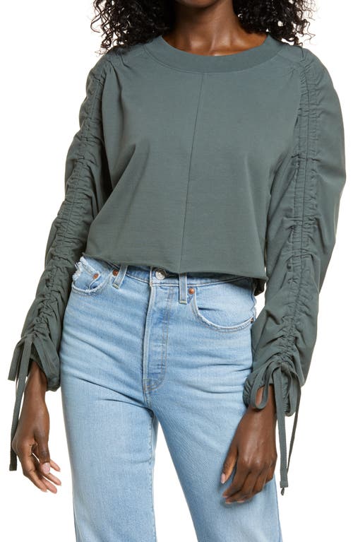Open Edit Ruched Sleeve Sweatshirt in Green Urban at Nordstrom, Size X-Small