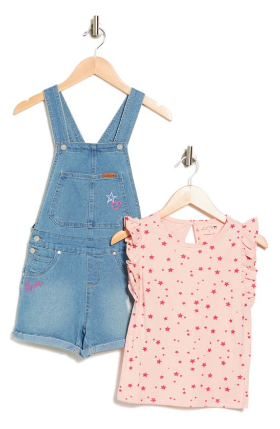Shop Joe's Kids' Ruffle Sleeve Top & Denim Shortalls Set In Pink/blue