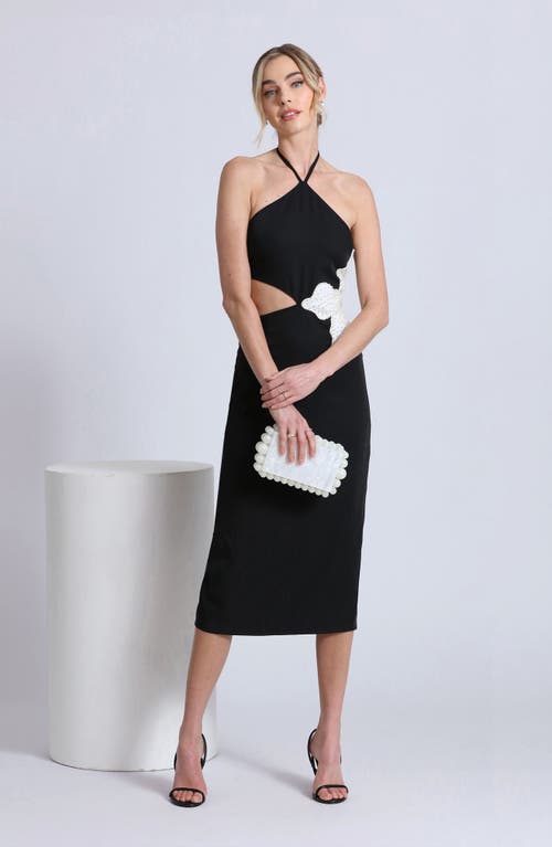 Shop Avec Les Filles Floral Appliqué Cutout Halter Midi Dress In Black/white