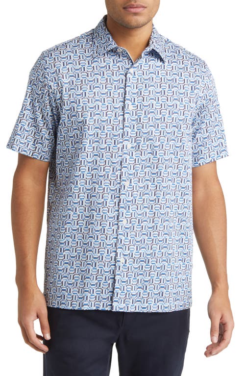 Astun Regular Fit Geometric Print Stretch Short Sleeve Button-Up Shirt in Blue