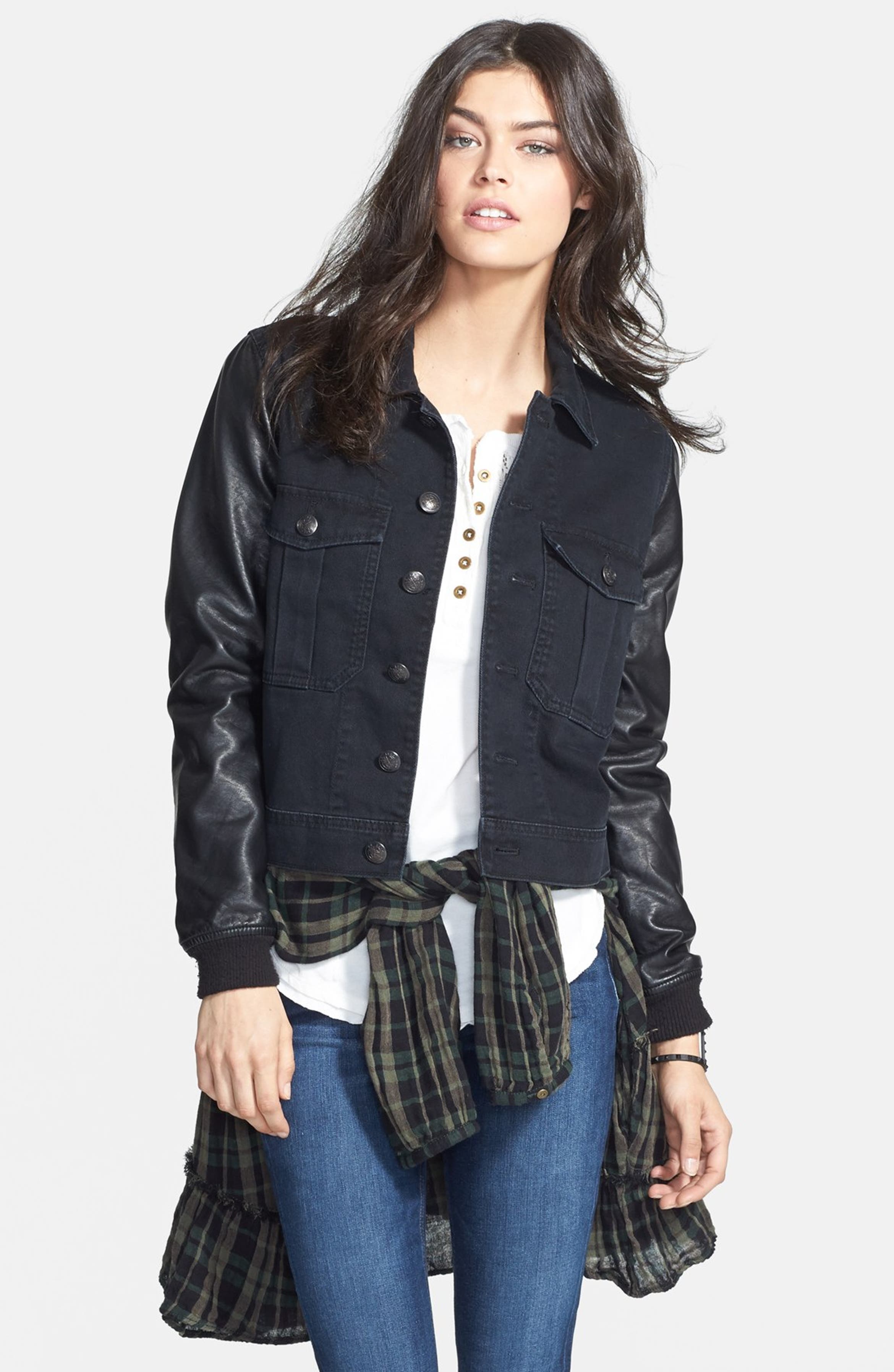 Free People Faux Leather Sleeve Denim Jacket (Nordstrom Exclusive ...