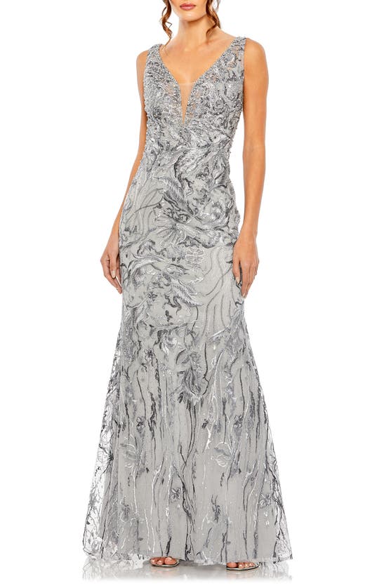 Mac Duggal Metallic Beaded Floral Embroidery Gown In Charcoal | ModeSens