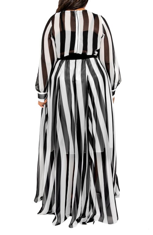 Buxom Couture Stripe Semisheer Tie Belt Foux Wrap Maxi Dress In Black White