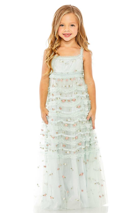 Mac Duggal Girls' Sleeveless Floral Embroidered Tiered Gown - Little Kid, Big Kid In Blue Multi