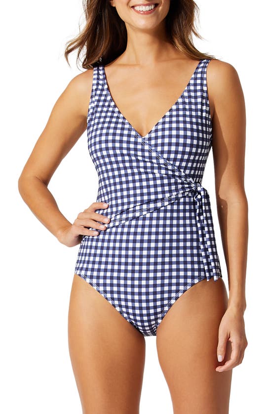 Shop Tommy Bahama Gingham Wrap One-piece Swimsuit In Mare Navy