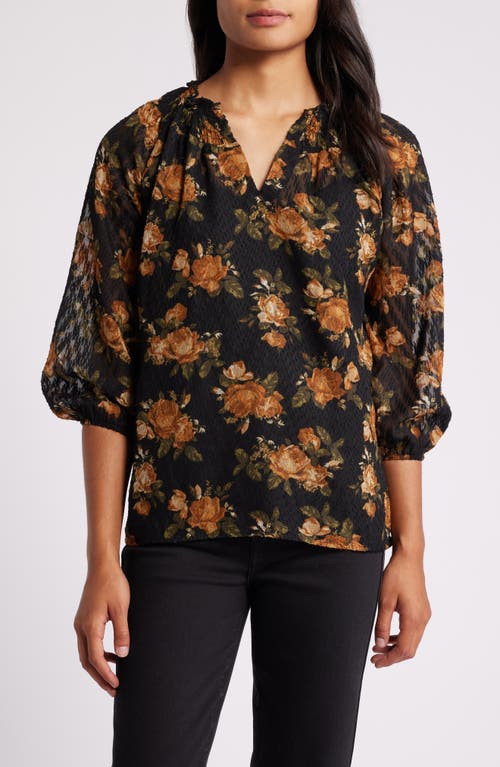 Bobeau Floral Smock Neck Top in Curry/Olive Floral 