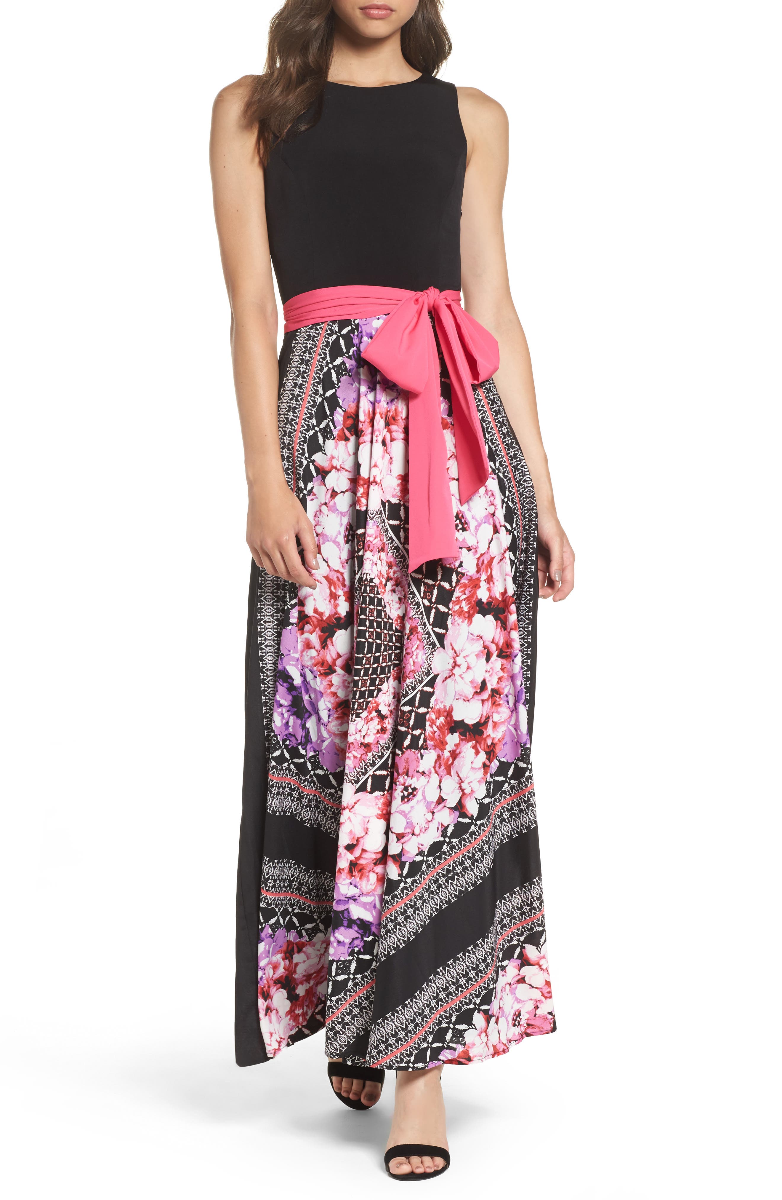 eliza j scarf print jersey & crêpe de chine maxi dress