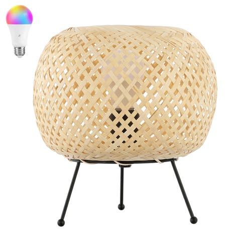 Jonathan Y Palma Bohemian Rustic Iron/rattan Led Mini Table Lamp With Smart Bulb In Light Brown/black
