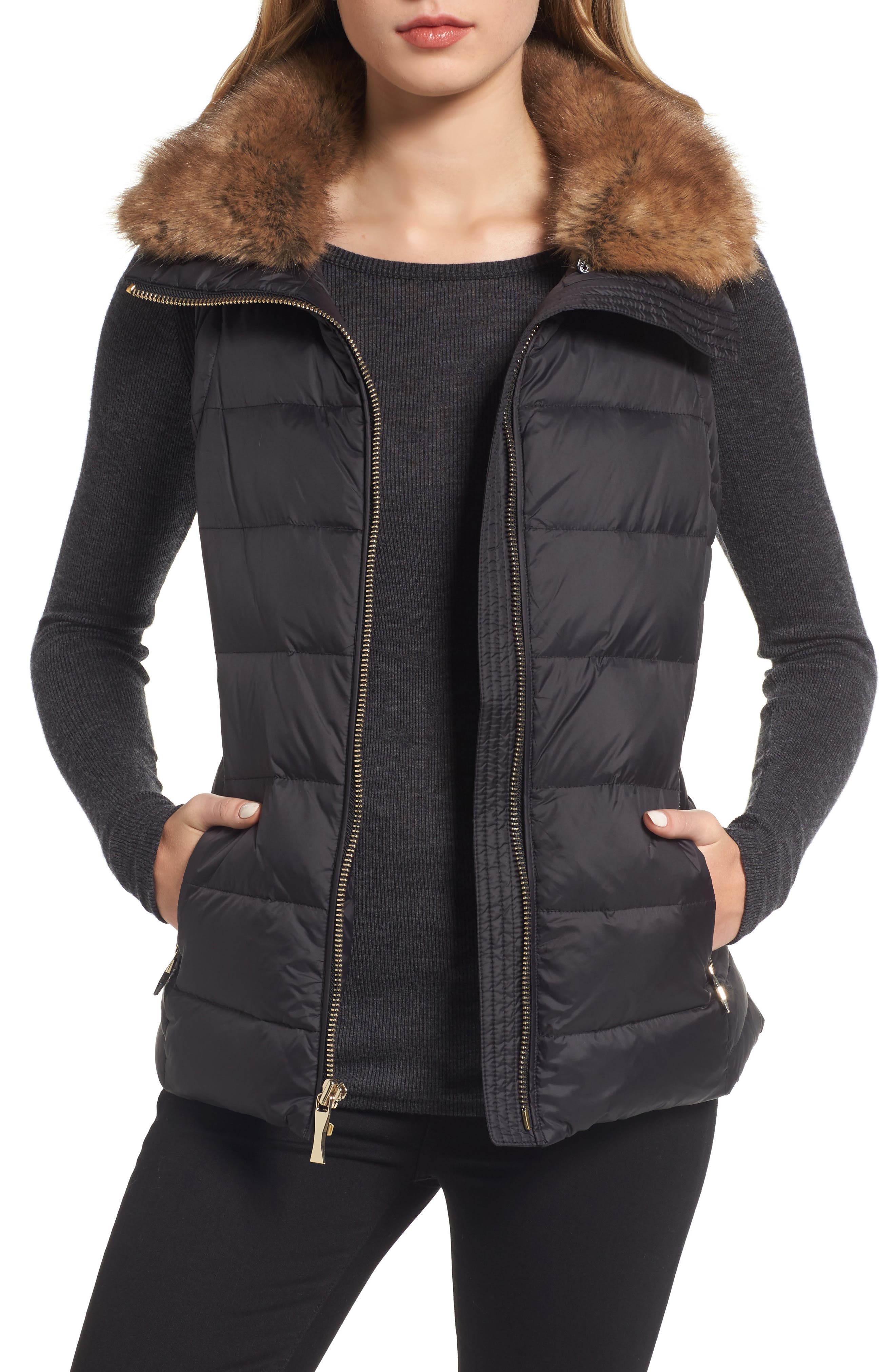 kate spade new york quilted puffer down vest with faux fur trim Nordstrom