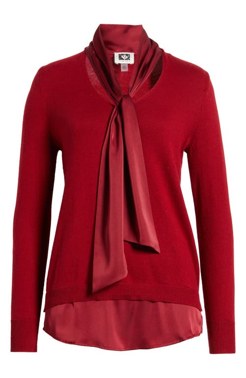 Shop Anne Klein Tie Neck Twofer Cotton & Cashmere Sweater In Titian Red