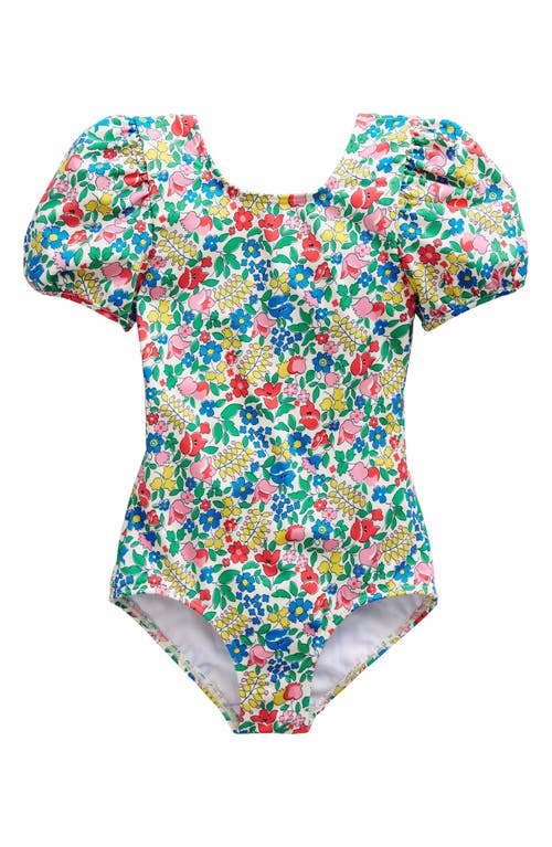 Mini Boden Kids' Puff Sleeve One-Piece Swimsuit Multi Flowerbed at Nordstrom,
