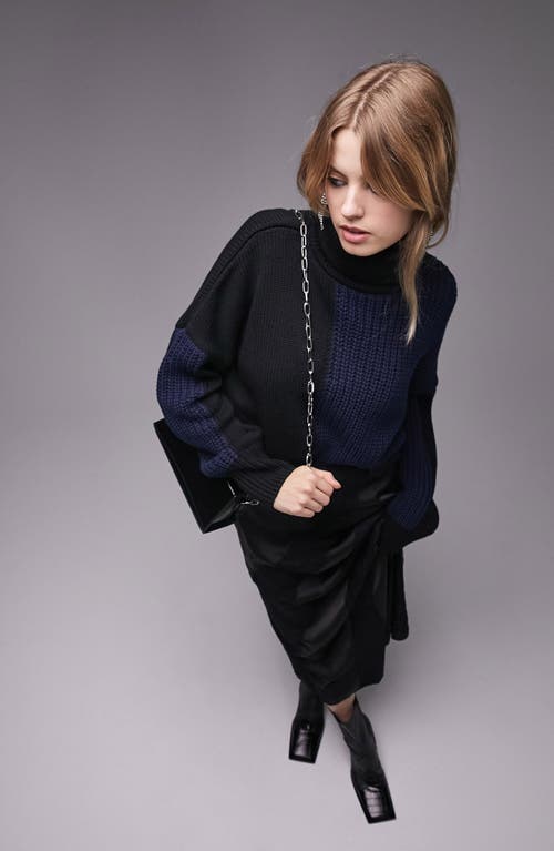Topshop Oversize Mixed Stitch Turtleneck Sweater in Navy/Black