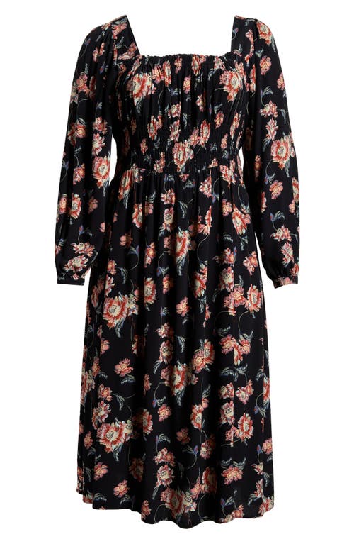 Shop Treasure & Bond Smocked Bodice Long Sleeve Dress In Black Wander Floral