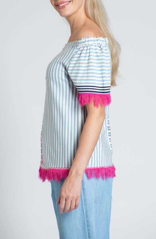 Shop Apny Fringe Multi Stripe Short Sleeve Knit Top In Pink Multi
