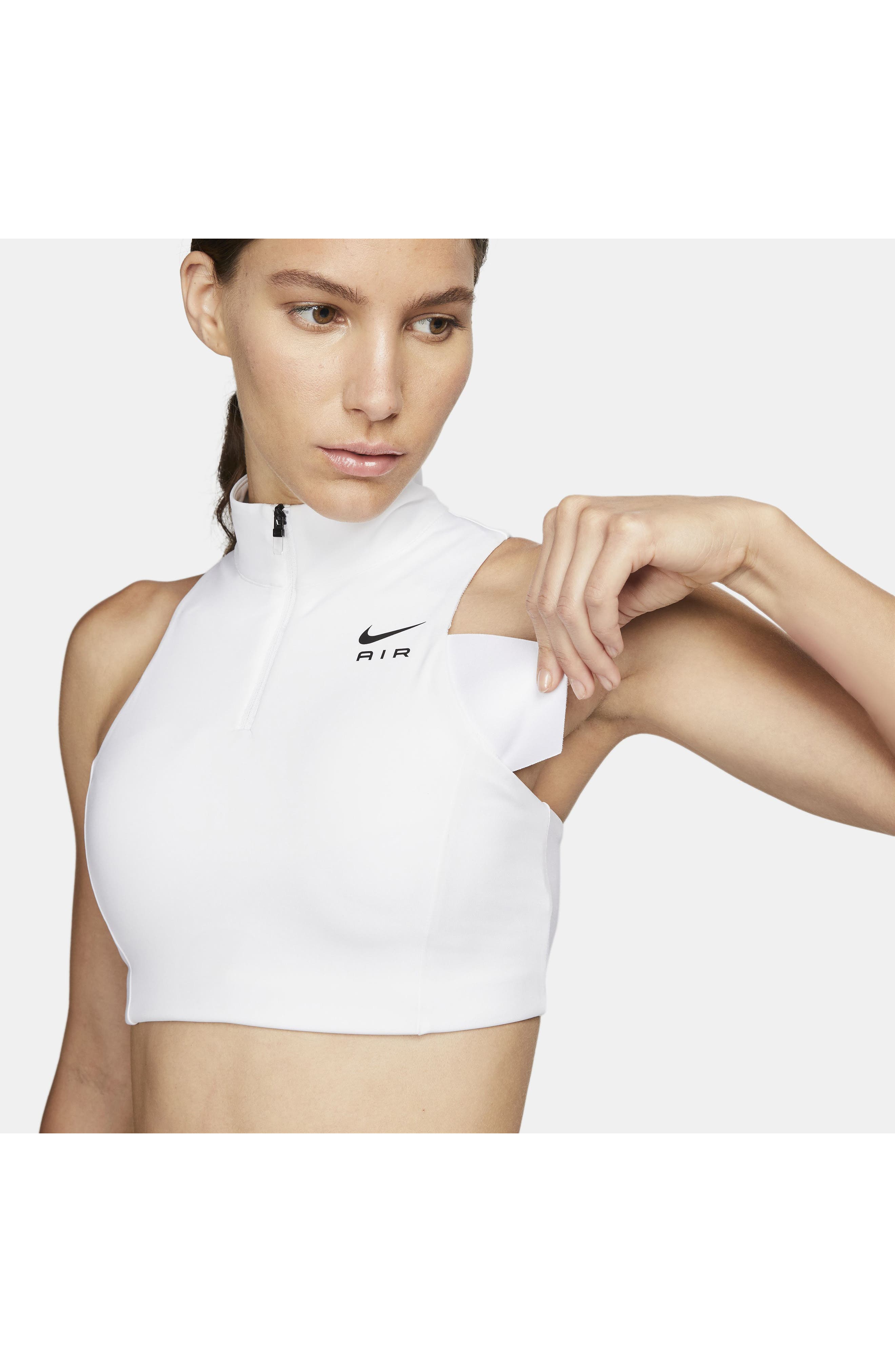 Nike Air Dri-FIT Swoosh Mock Zip Sports Bra in White/White/Black
