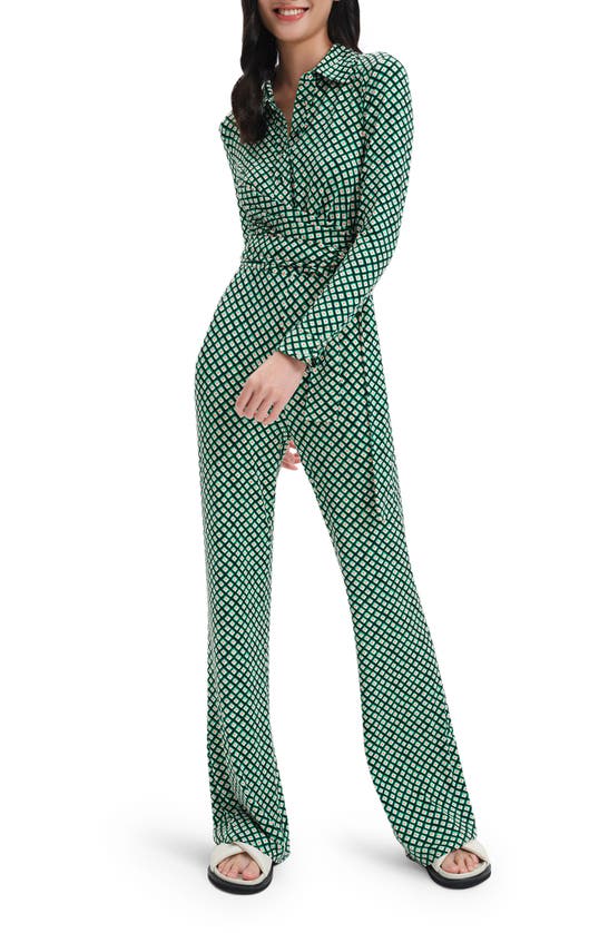 Diane Von Furstenberg Michele Geometric-print Flare Jumpsuit In Painted Cube Sm Indian Green