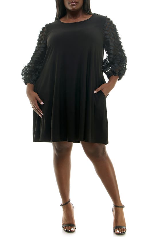 Nina Leonard Ruffle Long Sleeve Chiffon Dress In Black