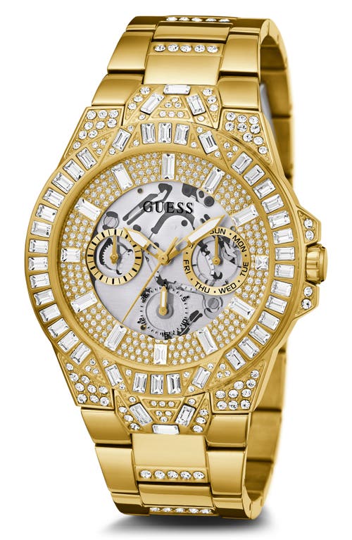 GUESS Multifunction Crystal Skeleton Bracelet Watch, 44mm in Gold/gold/gold 