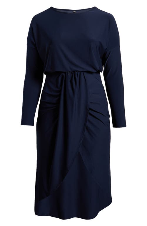 Shop 24seven Comfort Apparel Wrap Skirt Long Sleeve Jersey Dress In Navy