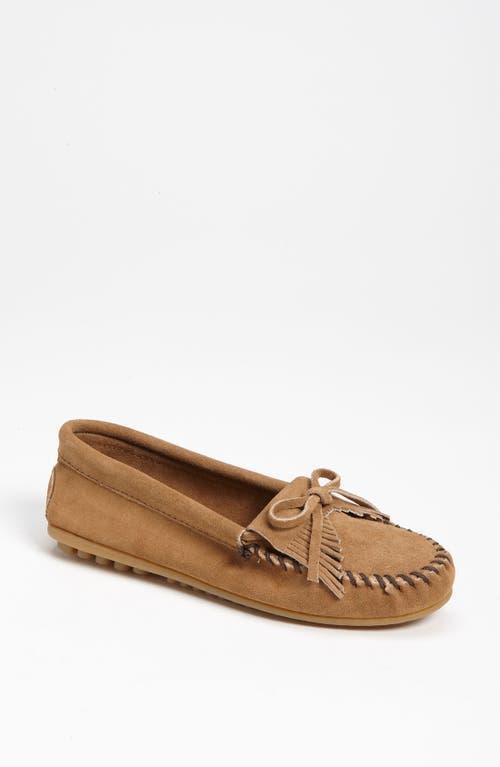 Minnetonka Kilty Suede Driving Shoe in Taupe Suede