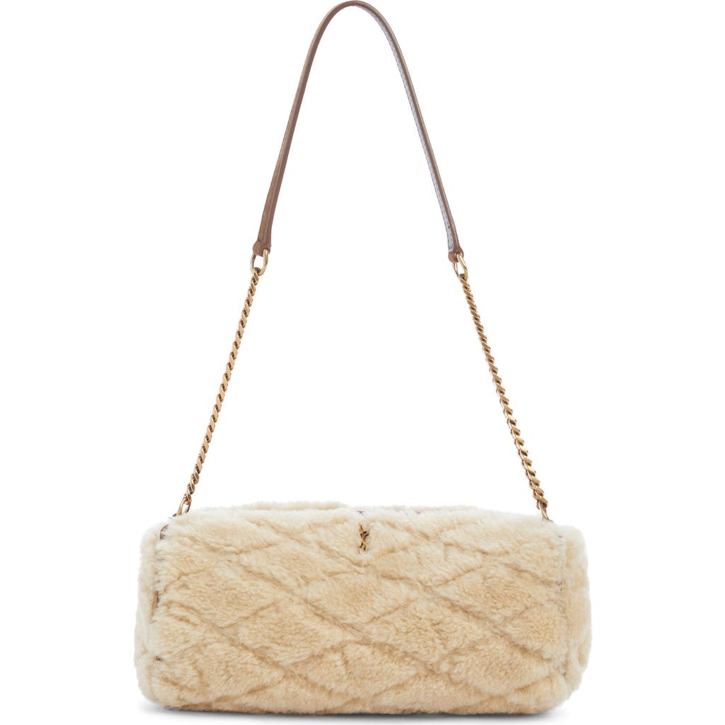 Saint Laurent Sade Mini Tube Shearling Shoulder Bag In Natural Beige/dark Cigar