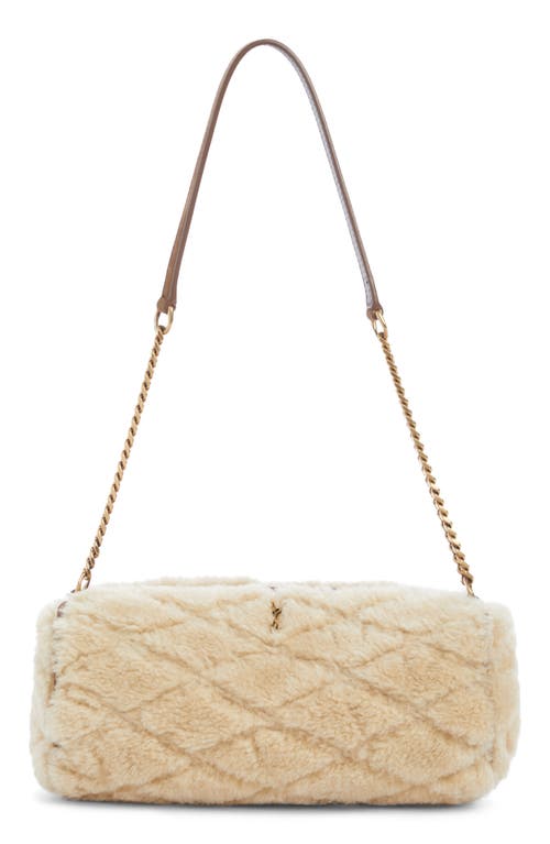 Saint Laurent Sade Mini Tube Shearling Shoulder Bag In Natural Beige/dark Cigar