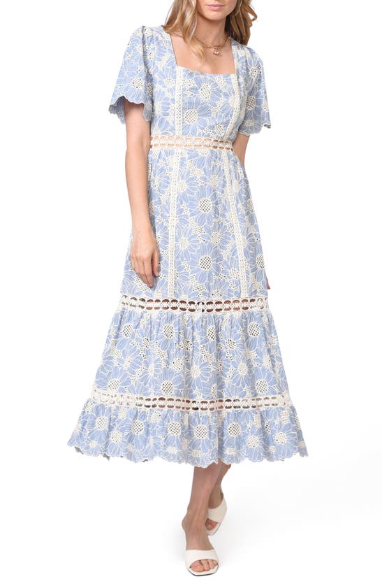 Adelyn Rae Hilda Embroidered Cotton Midi Dress In Blue Chambray