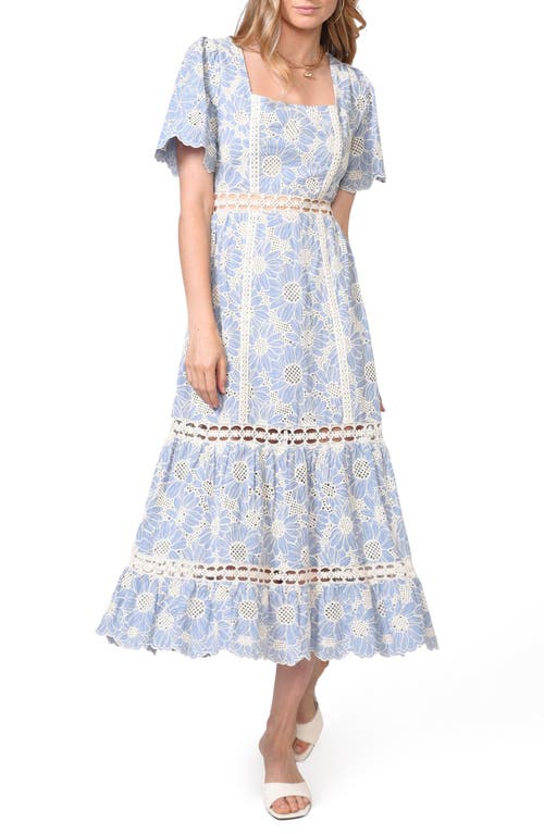 Adelyn Rae Hilda Embroidered Cotton Midi Dress in Blue Chambray