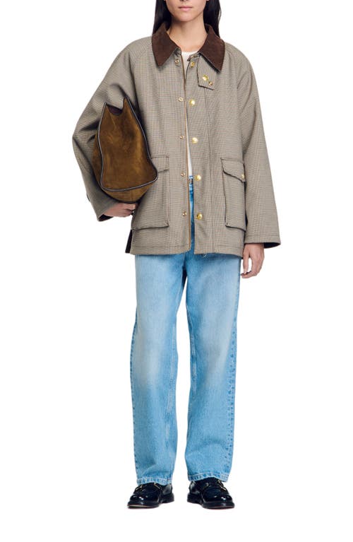 Sandro Check Coat With Velvet Collar In Brown