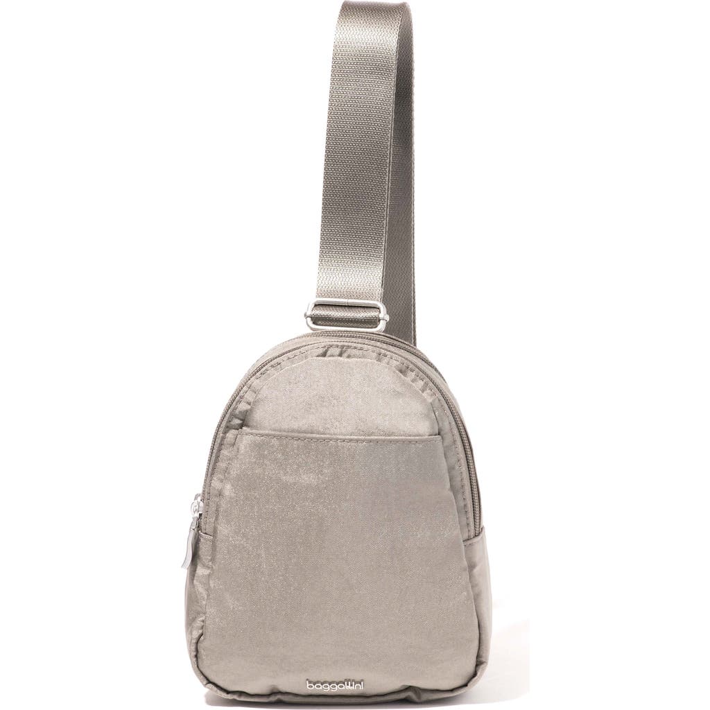 Baggallini Double Zip Mini Sling Bag In Sterling Shimmer