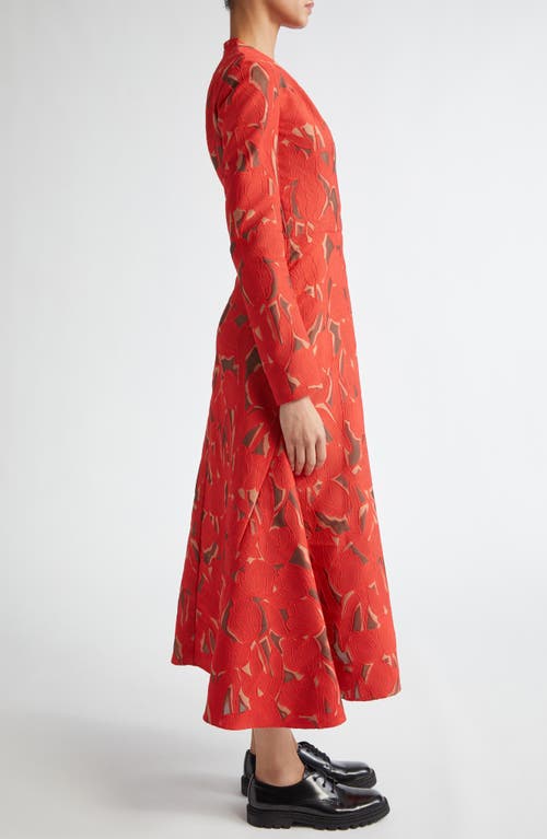 Shop Emilia Wickstead Seneca Burnout Floral Jacquard Long Sleeve Fit & Flare Dress In Red On Beige