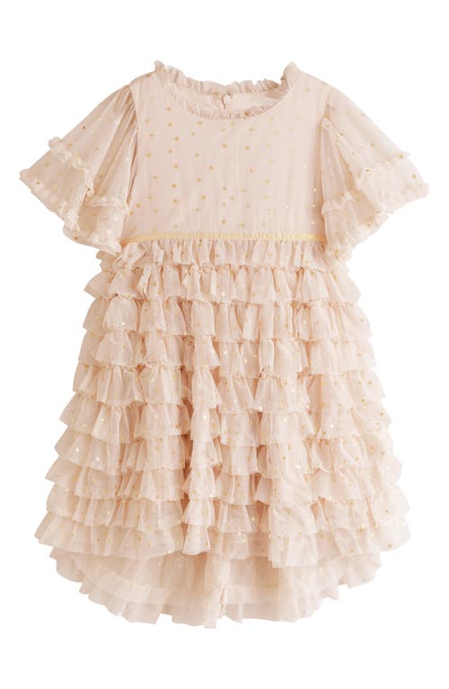 Mini Boden Kids' Star Accent Ruffle Dress in Sandpiper Pink Gold Stars