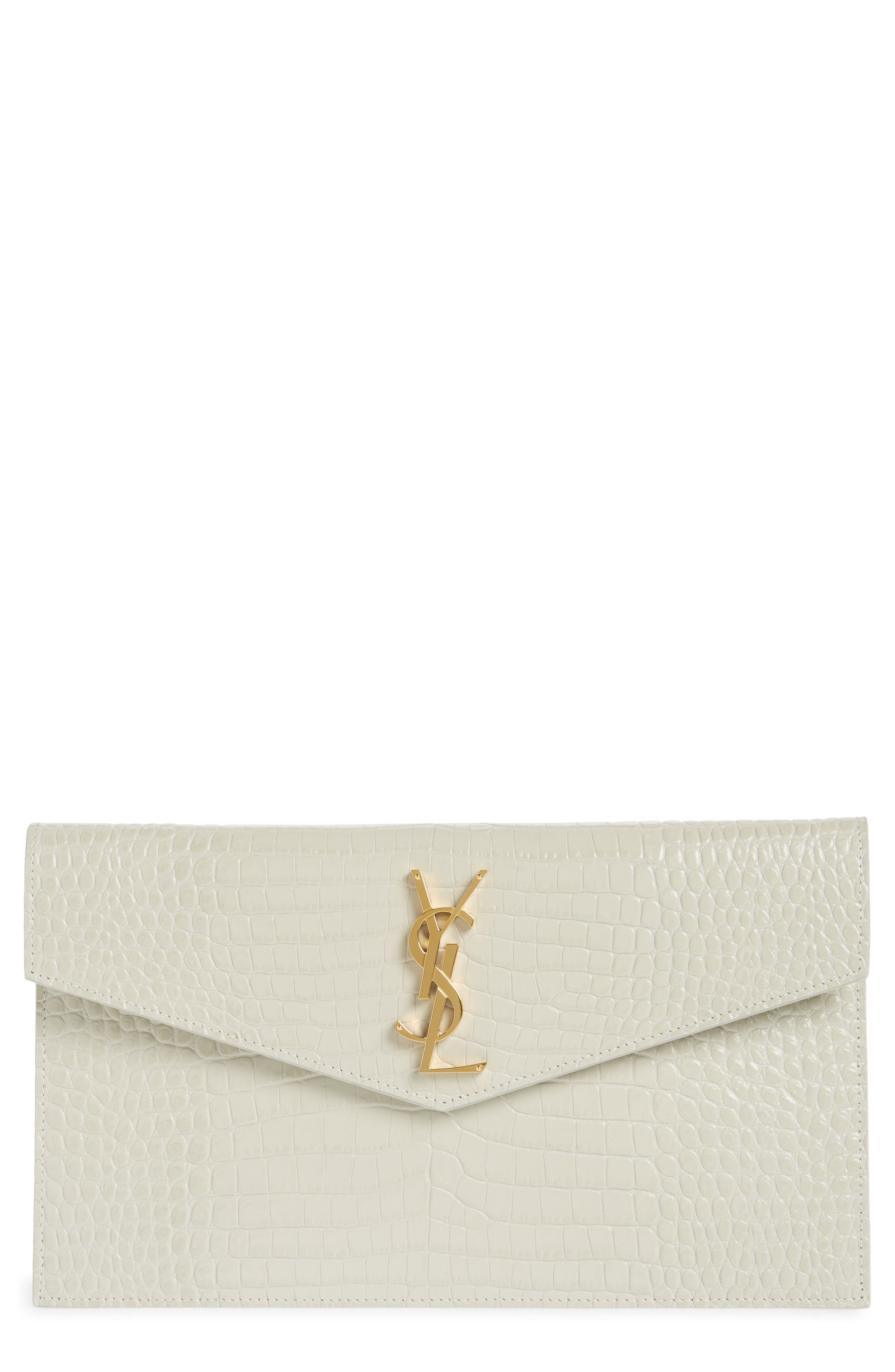 Saint Laurent Uptown Croc Embossed Leather Pouch in Crema Soft at Nordstrom