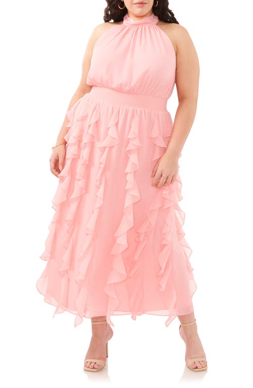 1.STATE Cascading Ruffle Mock Neck Maxi Dress Rose Linen at Nordstrom,