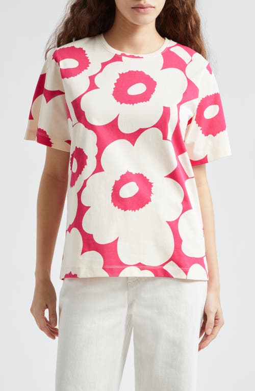 Shop Marimekko Tunnit Unikko Floral Cotton T-shirt In Off-white/fuchsia