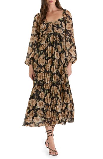 August Sky Floral Long Sleeve Empire Waist Maxi Dress In Black Multi