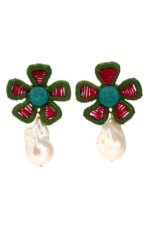 Lizzie Fortunato Crown Daisy Raffia & Baroque Pearl Drop Earrings in Green Multi at Nordstrom